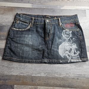 Ed Hardy Y2K 90s Mini Denim Jean Skirt Size 31 Skull Embellish